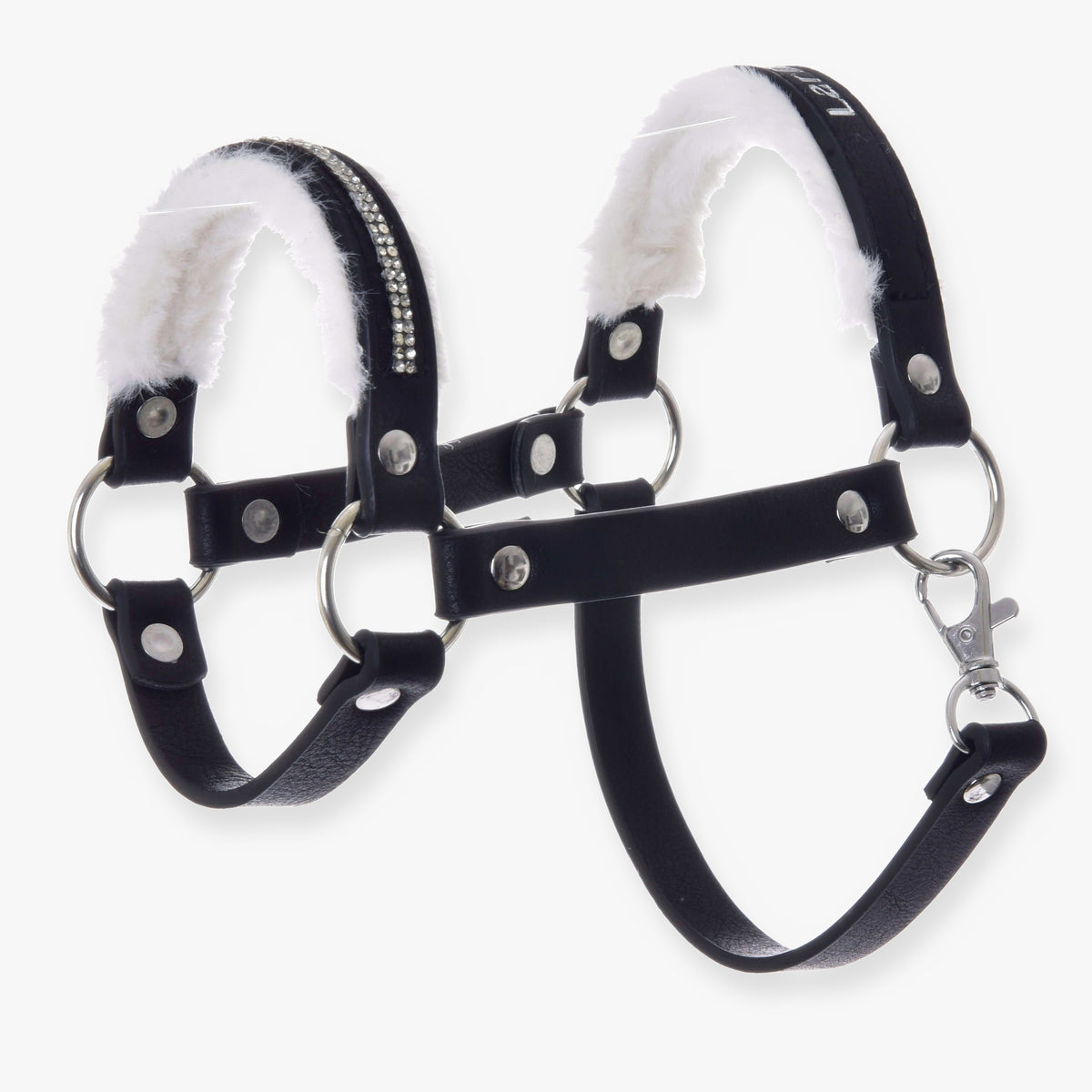 Hobby Horse Halter with fur - leatherette Espresso by LarDen, black halter with white fur and a rhinestone noseband