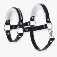 Hobby Horse Halter with fur - leatherette Espresso by LarDen, black halter with white fur and a rhinestone noseband