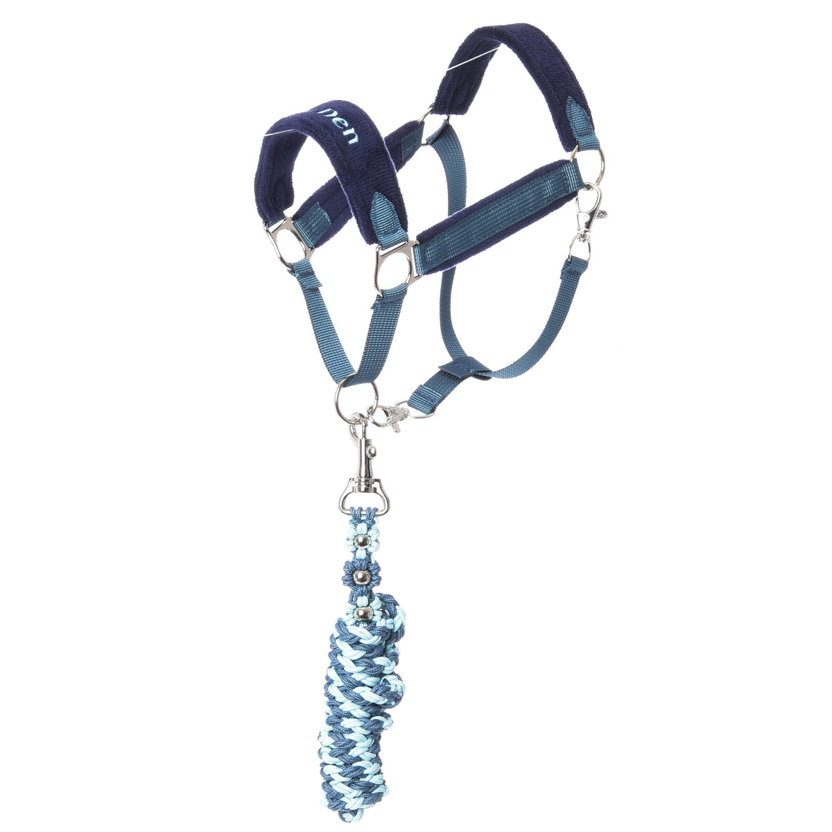 Ensemble LarDen Exclusive Blue pour Hobby Horse : licol bleu en sangle à muserolle bleu marine rembourrée et longe tressée bleue