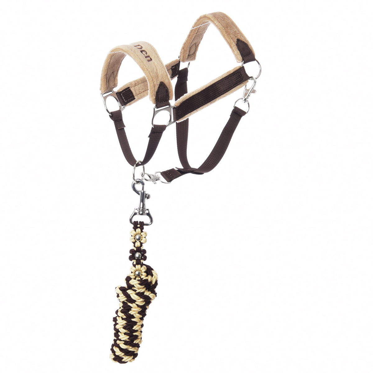 Ensemble LarDen Exclusive Brown pour Hobby Horse : licol brun foncé en sangle à muserolle beige rembourrée et longe marron et crème
