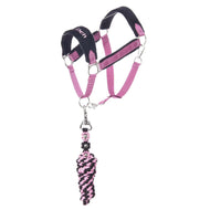 Set LarDen Exclusive Pink voor Hobby Horse: roze halster van band met gewatteerde zwarte neusriem en gevlochten roze-zwart halstertouw