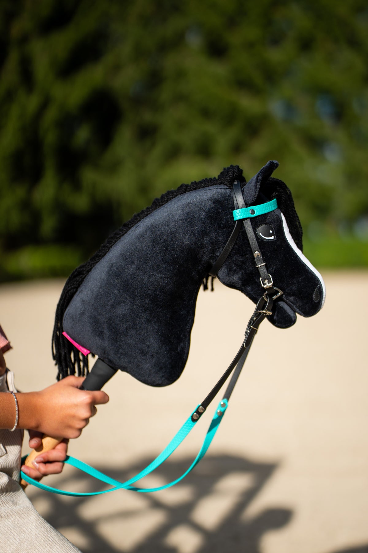 Hobby Horse Freya avec bride noire à frontal turquoise et rênes turquoise, sur une carrière en sable ensoleillée