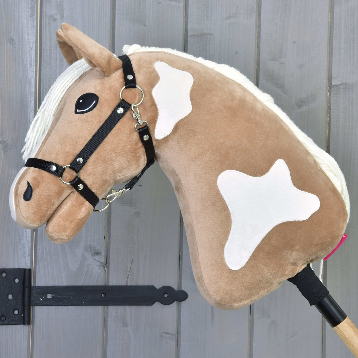 Hobby Horse Fury van links in profiel, met grote witte vlekken op de lichtbruine hals en zwarte halster
