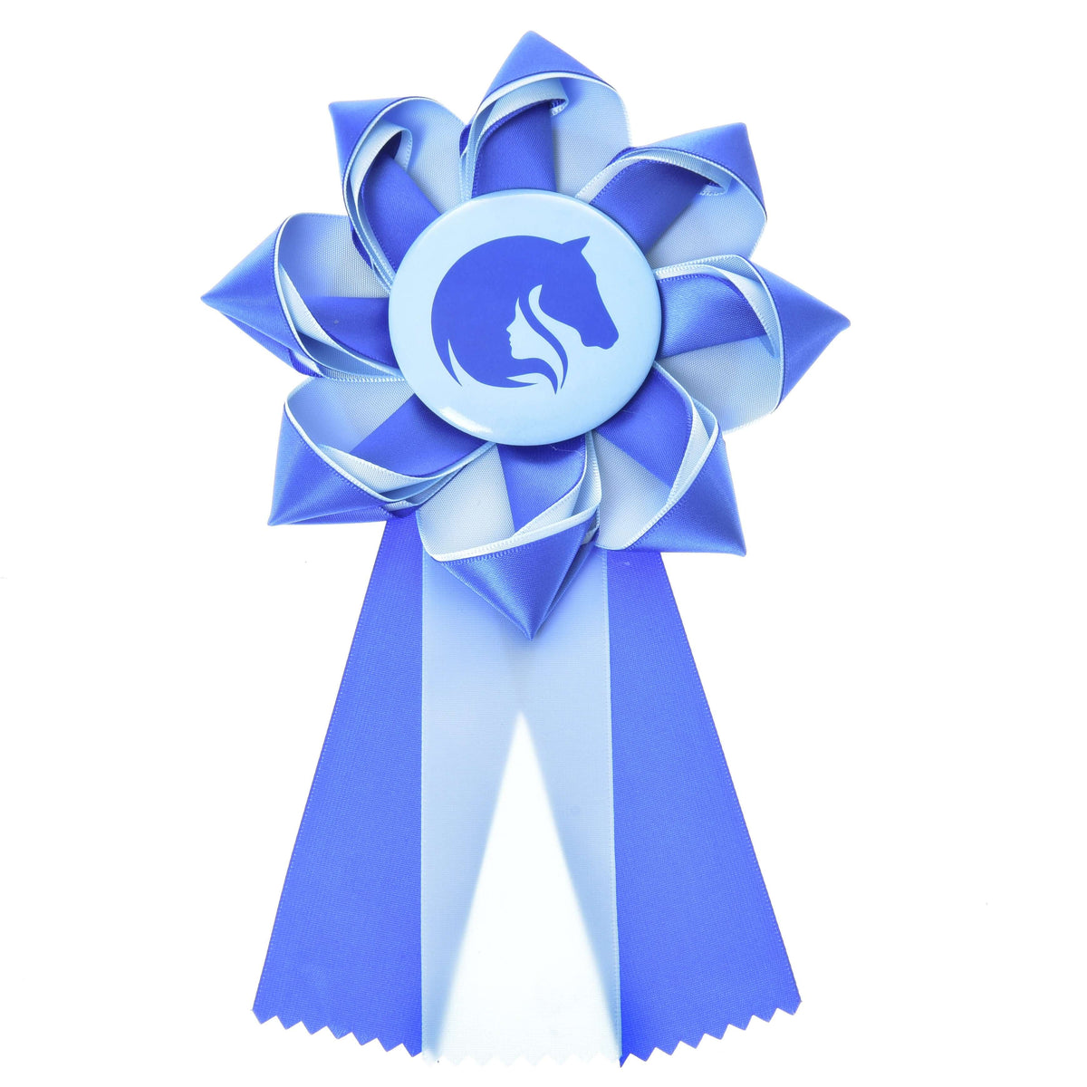 Hobby Horse Ribbon Blue by LarDen, a blue and light blue satin rosette with a horse head badge and two zigzag tails