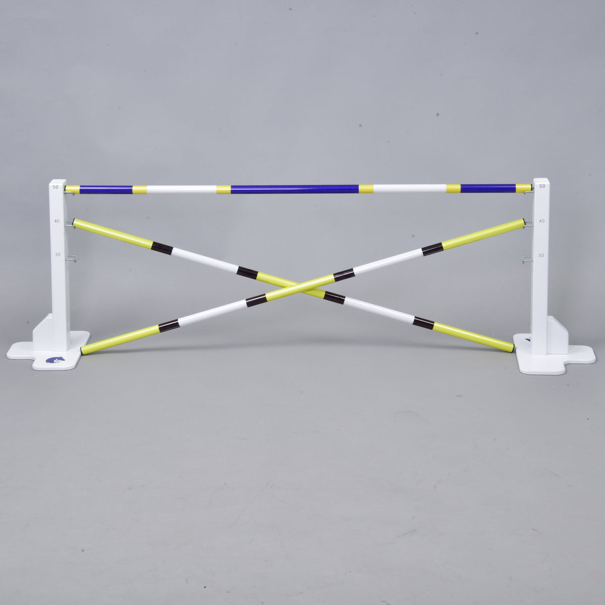 Jump set up as a cross with two yellow-striped poles under a blue and white top pole between white wings