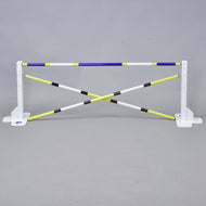 Jump set up as a cross with two yellow-striped poles under a blue and white top pole between white wings