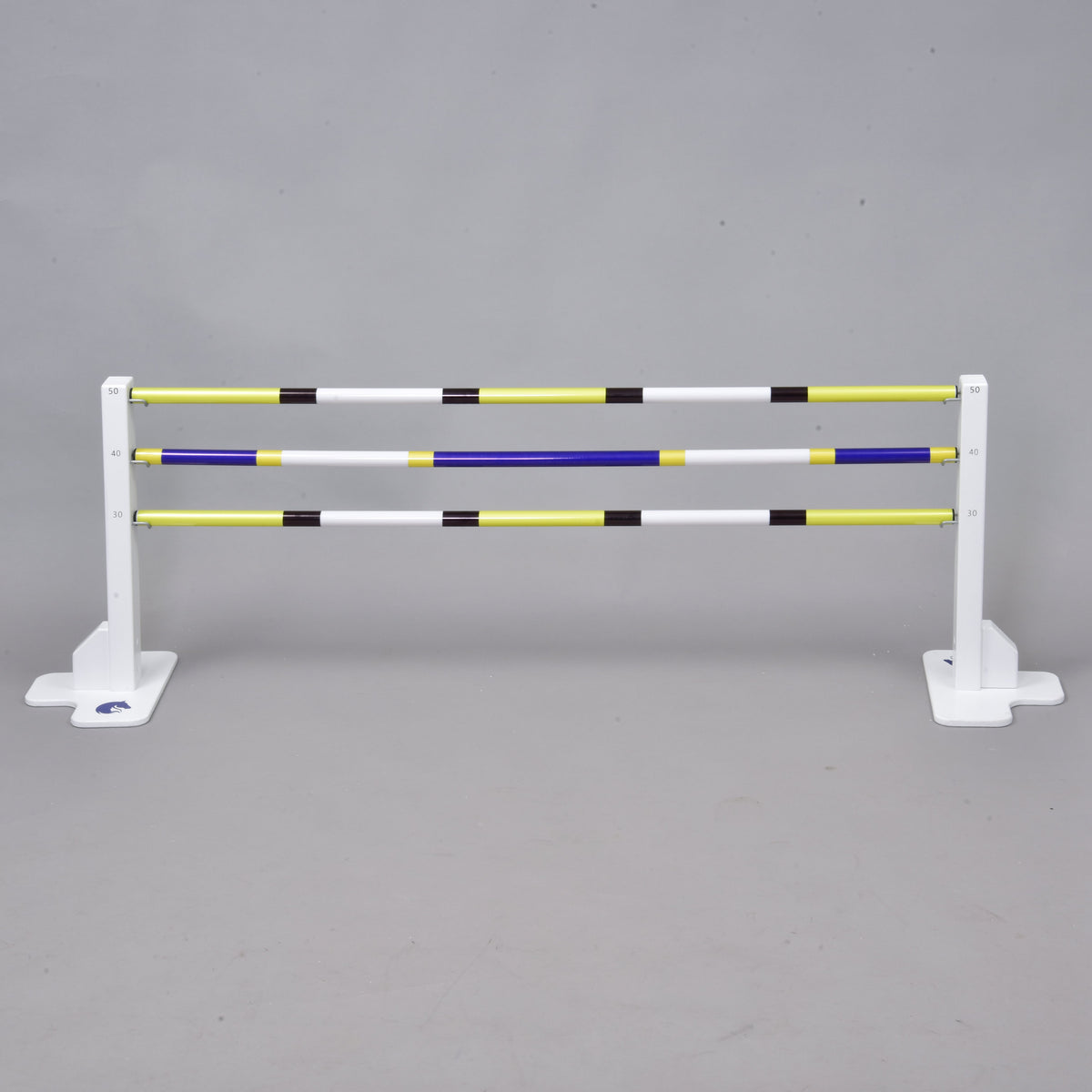 Hobby Horse Jump with Extra Poles by LarDen: white wings with three striped poles in yellow, white, blue and black