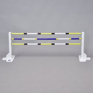 Hobby Horse Jump with Extra Poles by LarDen: white wings with three striped poles in yellow, white, blue and black
