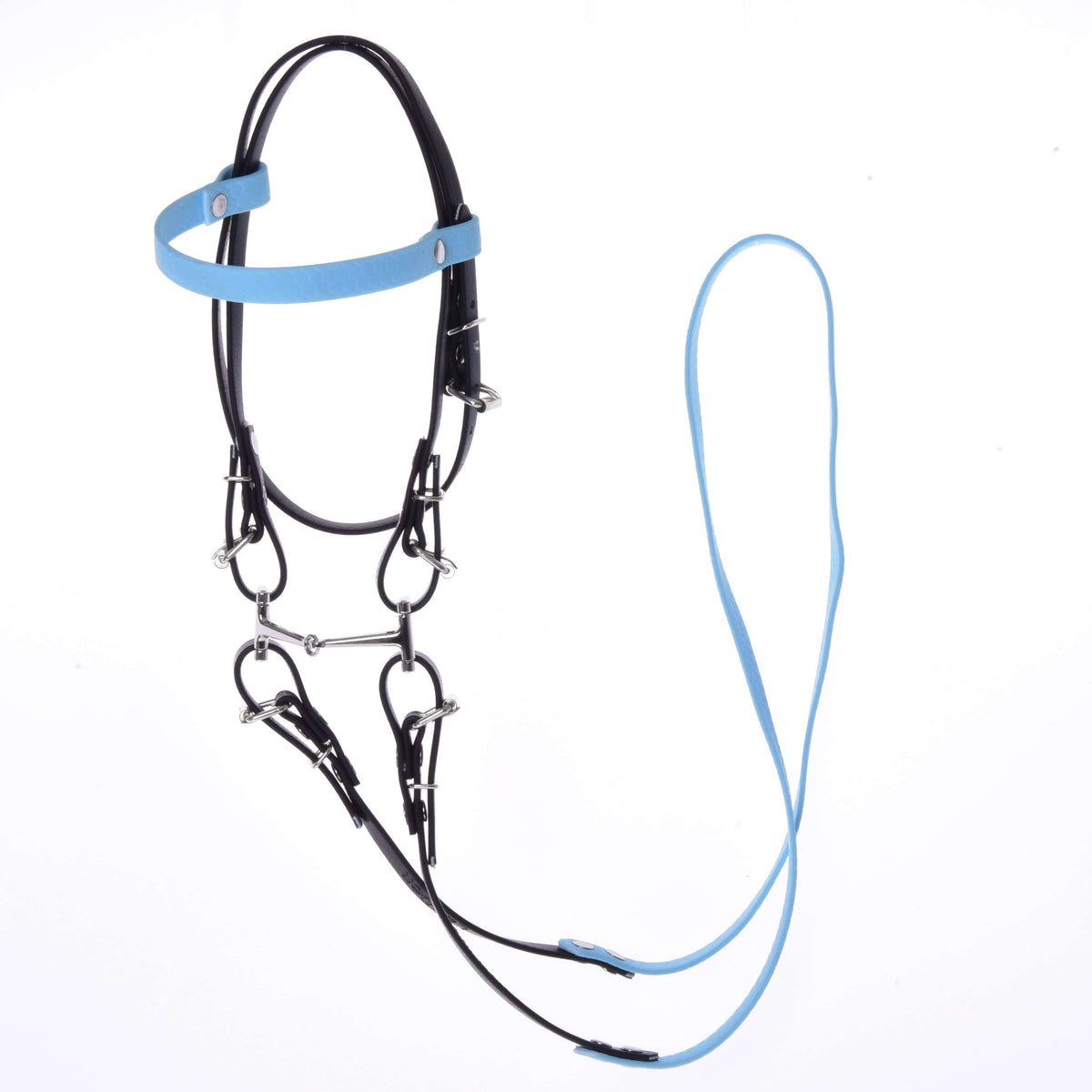 Bride noire sans muserolle pour Hobby Horse avec frontal et rênes bleu clair et mors argenté sur fond blanc