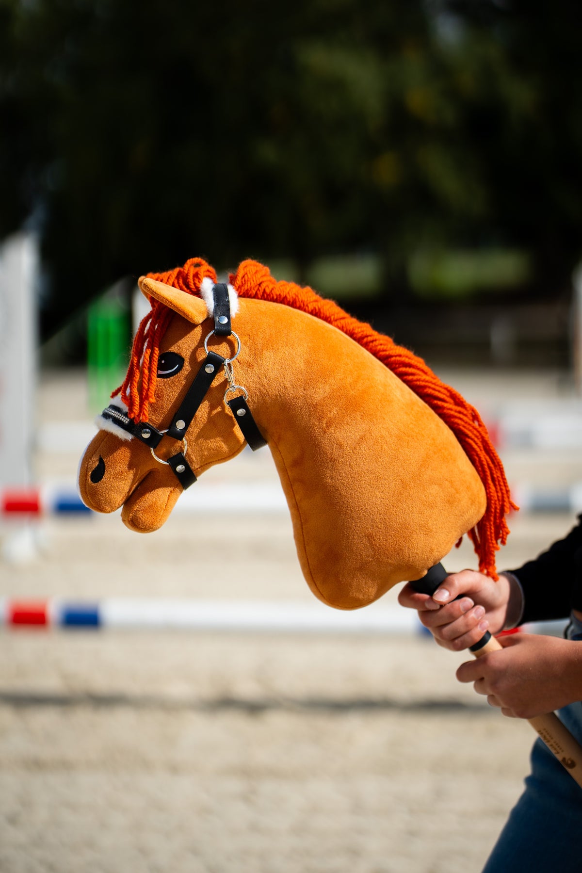 Chestnut Hobby Horse Little Angel with an orange yarn mane in the black halter with white fur, jump poles behind