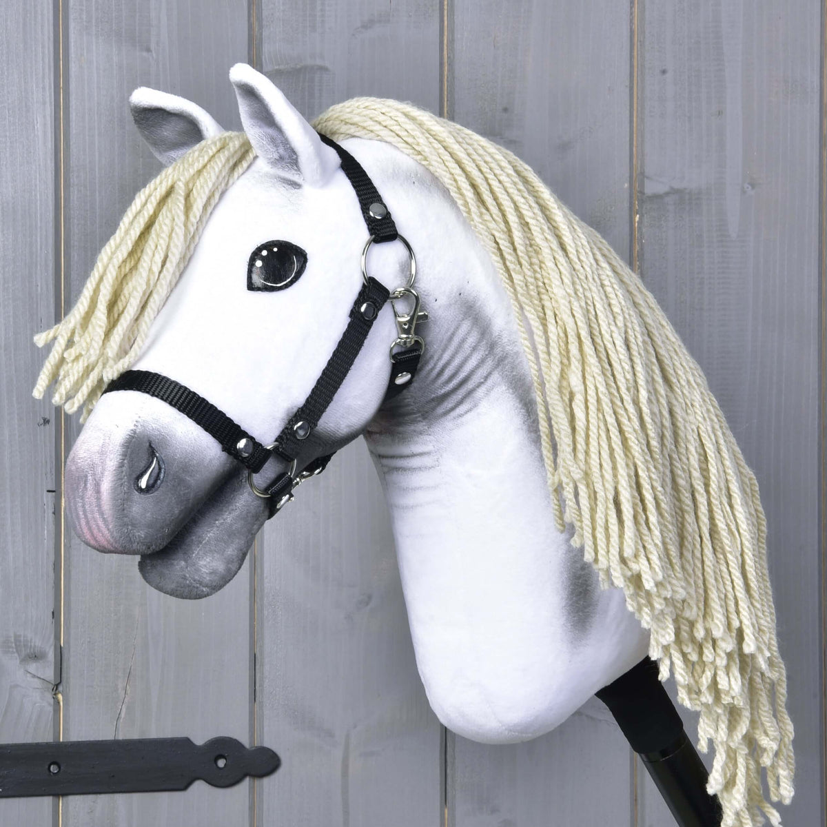 Hobby Horse Little Lady with Black Halter by LarDen, white plush head with grey shaded muzzle and long cream yarn mane