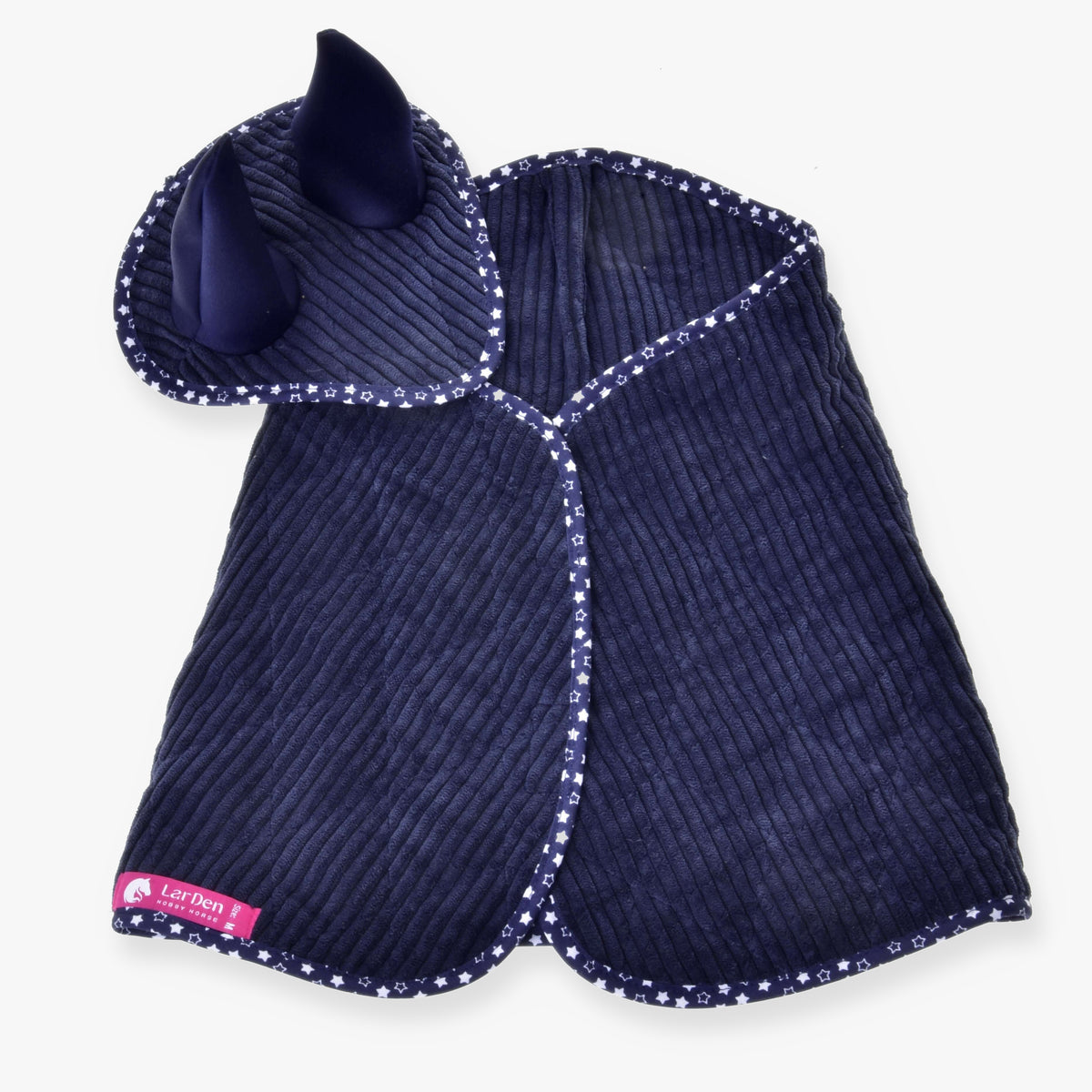 Set Manchester Blue Star van LarDen voor Hobby Horse, marineblauwe ribfluwelen deken en oornetje met rand met witte sterretjes