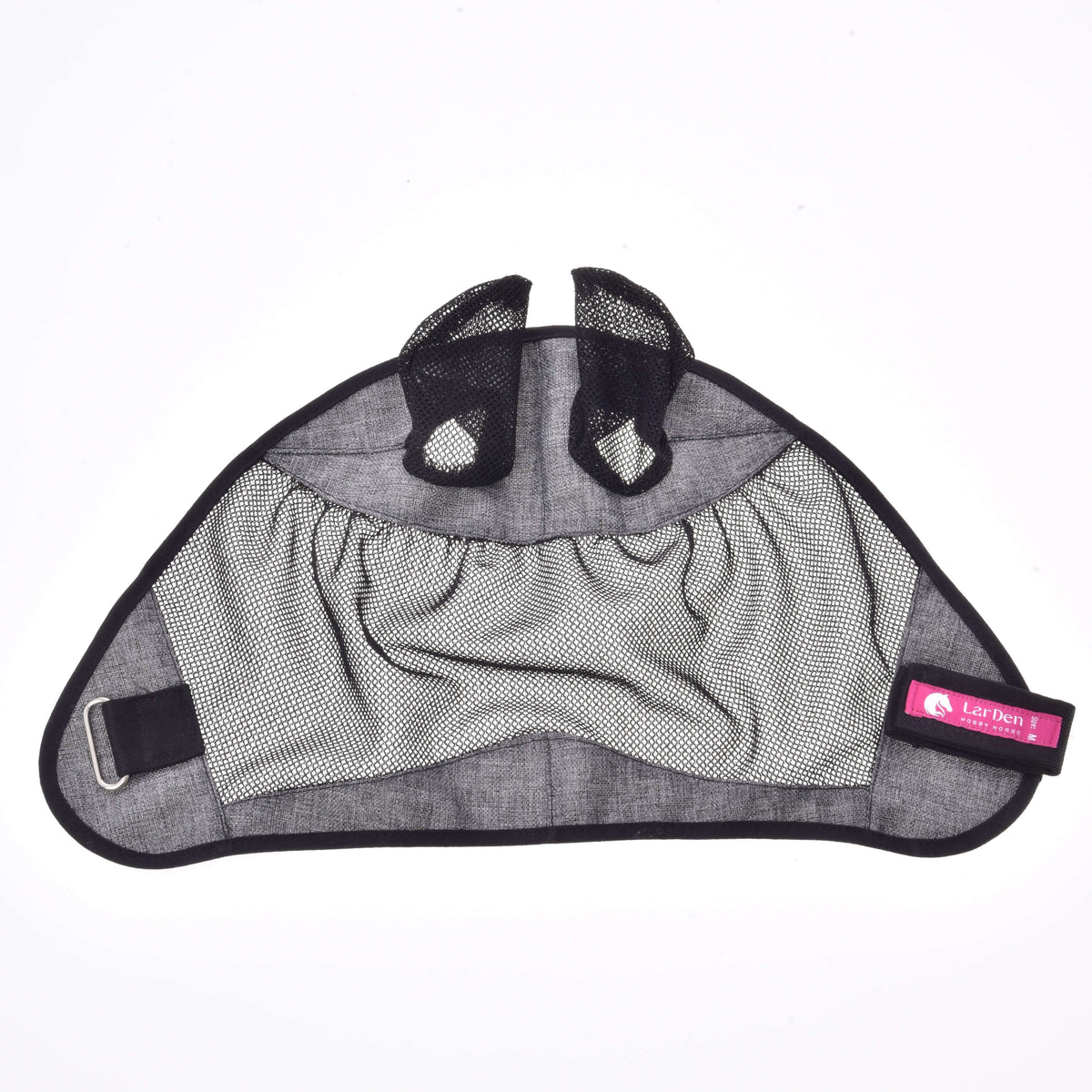 Intérieur du masque anti-mouches gris déplié à plat, avec panneau en filet pour les yeux, oreilles en filet et sangle de fermeture