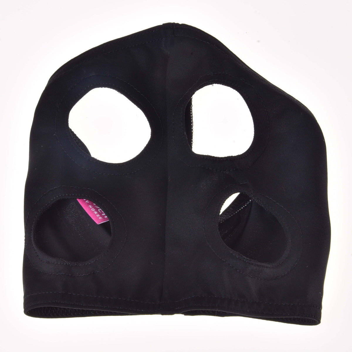 Zwart masker zonder oren plat van boven met vier ronde openingen voor ogen en oren en een roze label aan de binnenkant