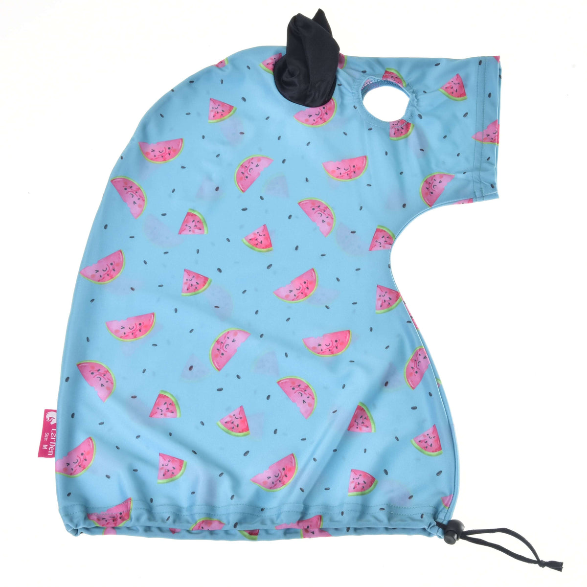 Hobby Horse beschermpak Melon plat neergelegd: lichtblauwe watermeloenprint met ooggat, zwart oor en trekkoord onderaan