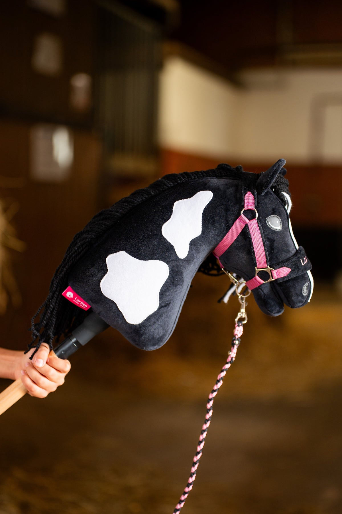 Hobby Horse Merlin with large white patches in a pink webbing halter and a pink and black braided lead rope, in a stable