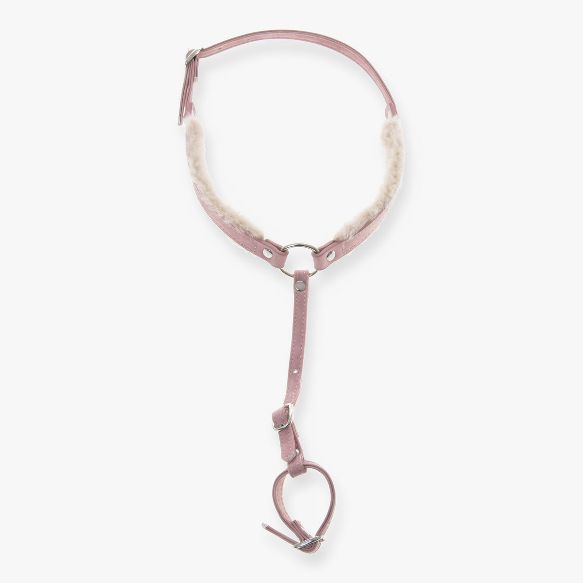 Sangle de poitrail avec fourrure Mulberry de LarDen pour Hobby Horse en similicuir vieux rose, fourrure crème et boucles argentées