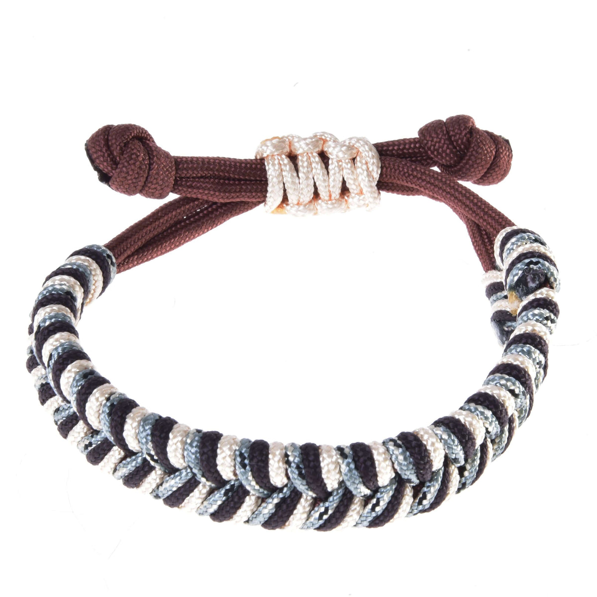 Hobby Horse armband Chocolatte van LarDen: gevlochten koord in donkerbruin, crème en grijsblauw met verstelbaar bruin bandje