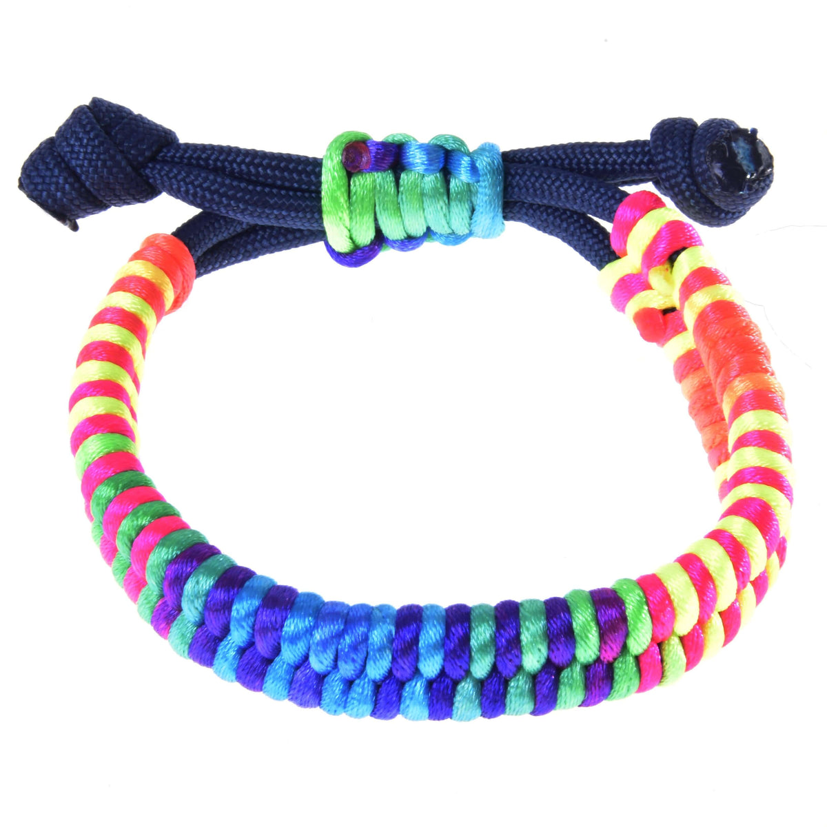 Hobby Horse armband Rosemary van LarDen: gevlochten koord in neon regenboogkleuren aan een marineblauw verstelbaar bandje