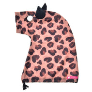 Protective suit laid flat in pink leopard print with black ears, an eye opening and a drawstring at the neck