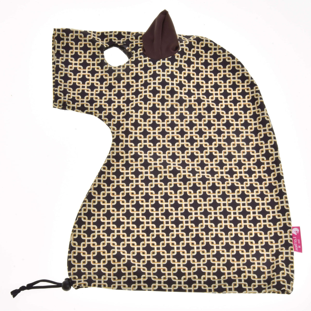 Protective suit Luxus Design laid flat, a horse-head-shaped cover with a brown ear, an eye opening and a neck drawstring