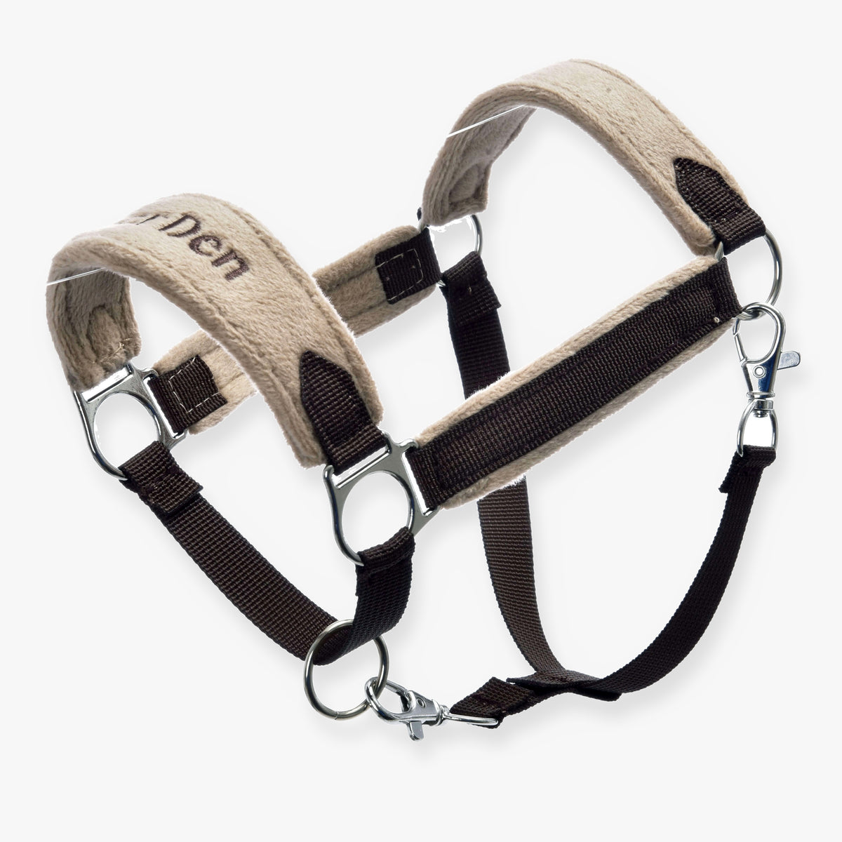 Hobby Horse halster met bont LarDen Brown: beige fleecebekleding, donkerbruine banden, zilveren ringen en een karabijnhaak