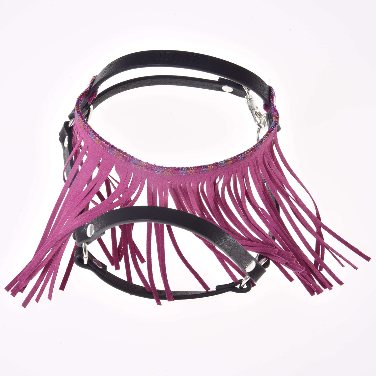 Hobby Horse Halter black with pink fringes by LarDen, black leatherette straps, long pink fringe and silver rivets