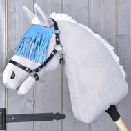 Hobby Horse Halter black with blue fringes by LarDen on a grey plush head, a bright blue fringe falling over the eyes