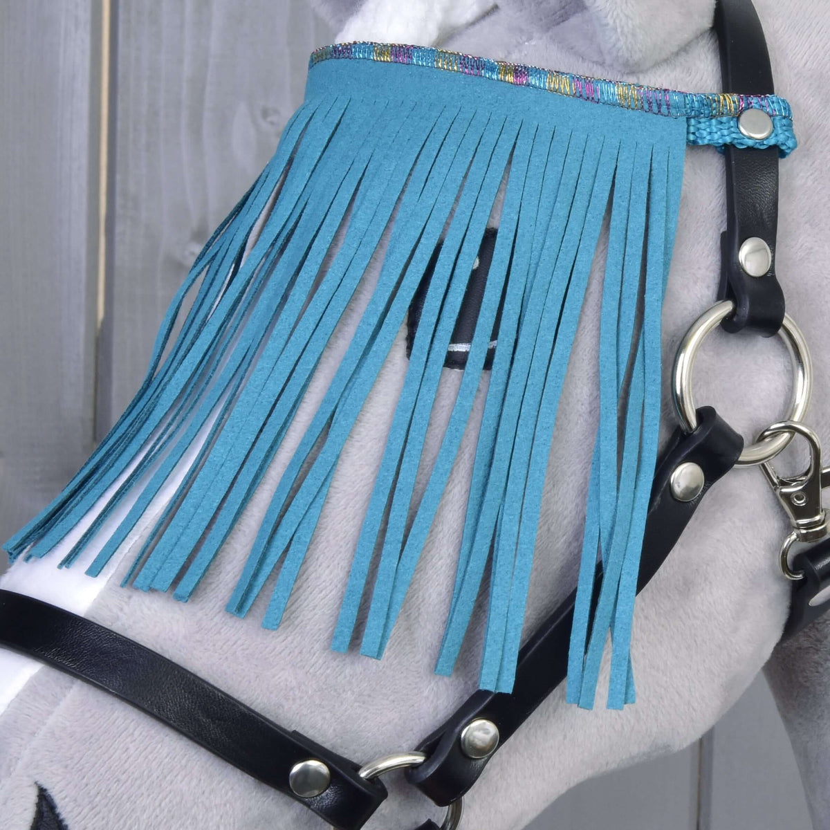 Gros plan sur les franges turquoise et la bordure multicolore scintillante du licol noir, avec anneau argenté et mousqueton