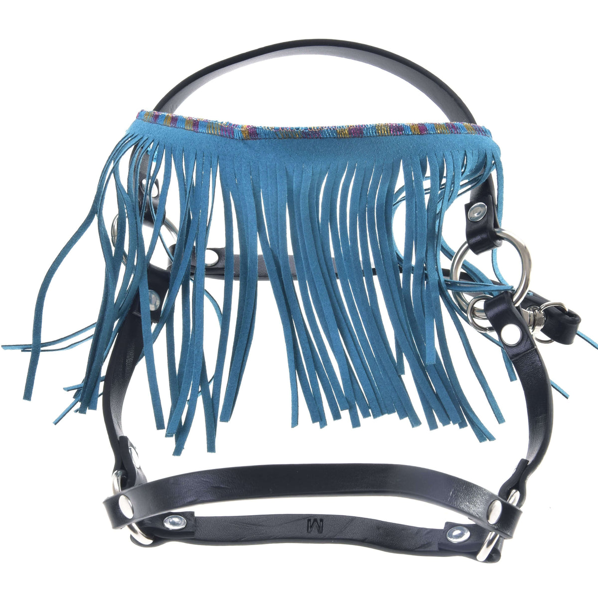 Licol noir avec franges turquoise pour Hobby Horse par LarDen, en similicuir noir avec bordure brodée multicolore