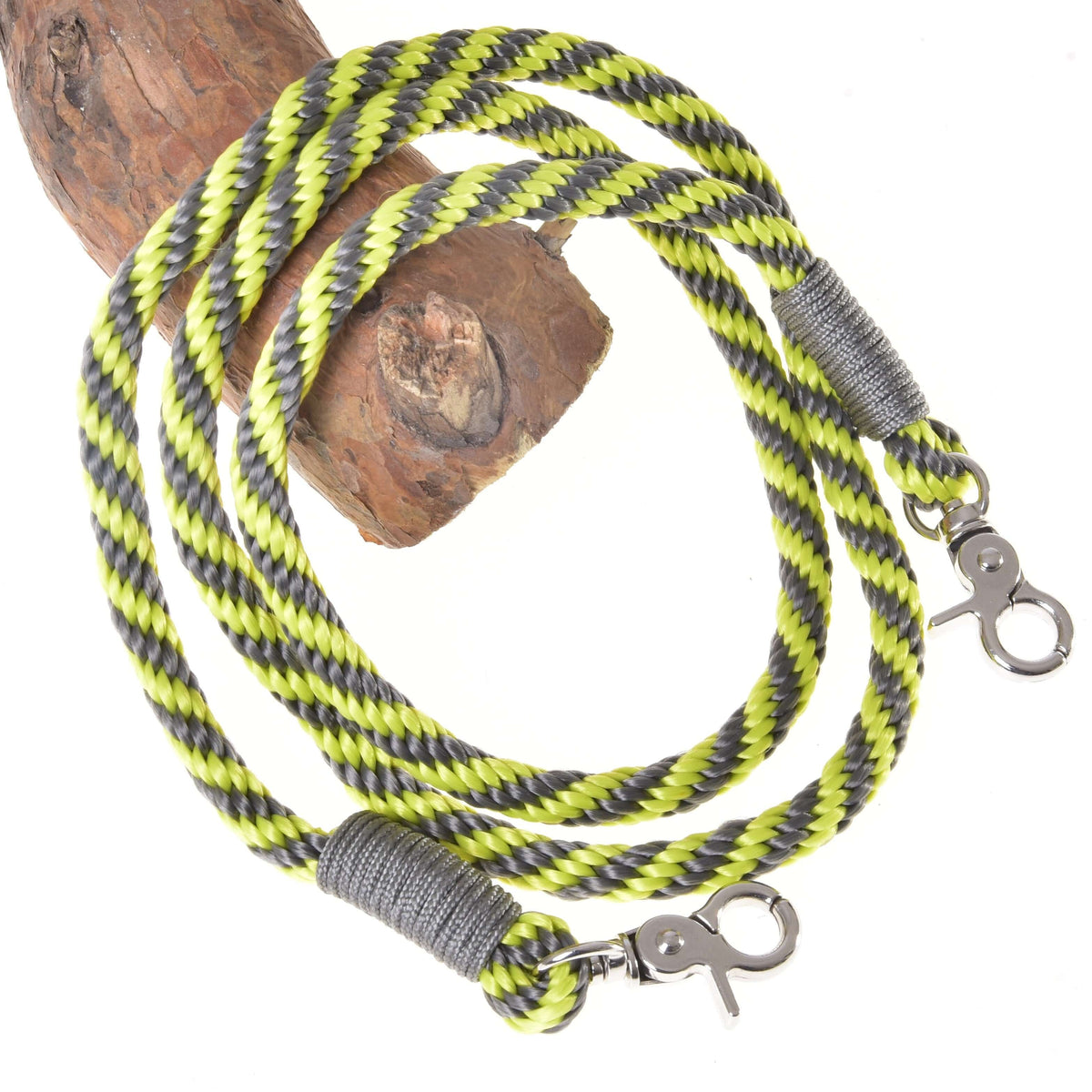 Hobby Horse Reins lemon stripe by LarDen, lime yellow and grey striped rope with grey wraps and silver snap hooks