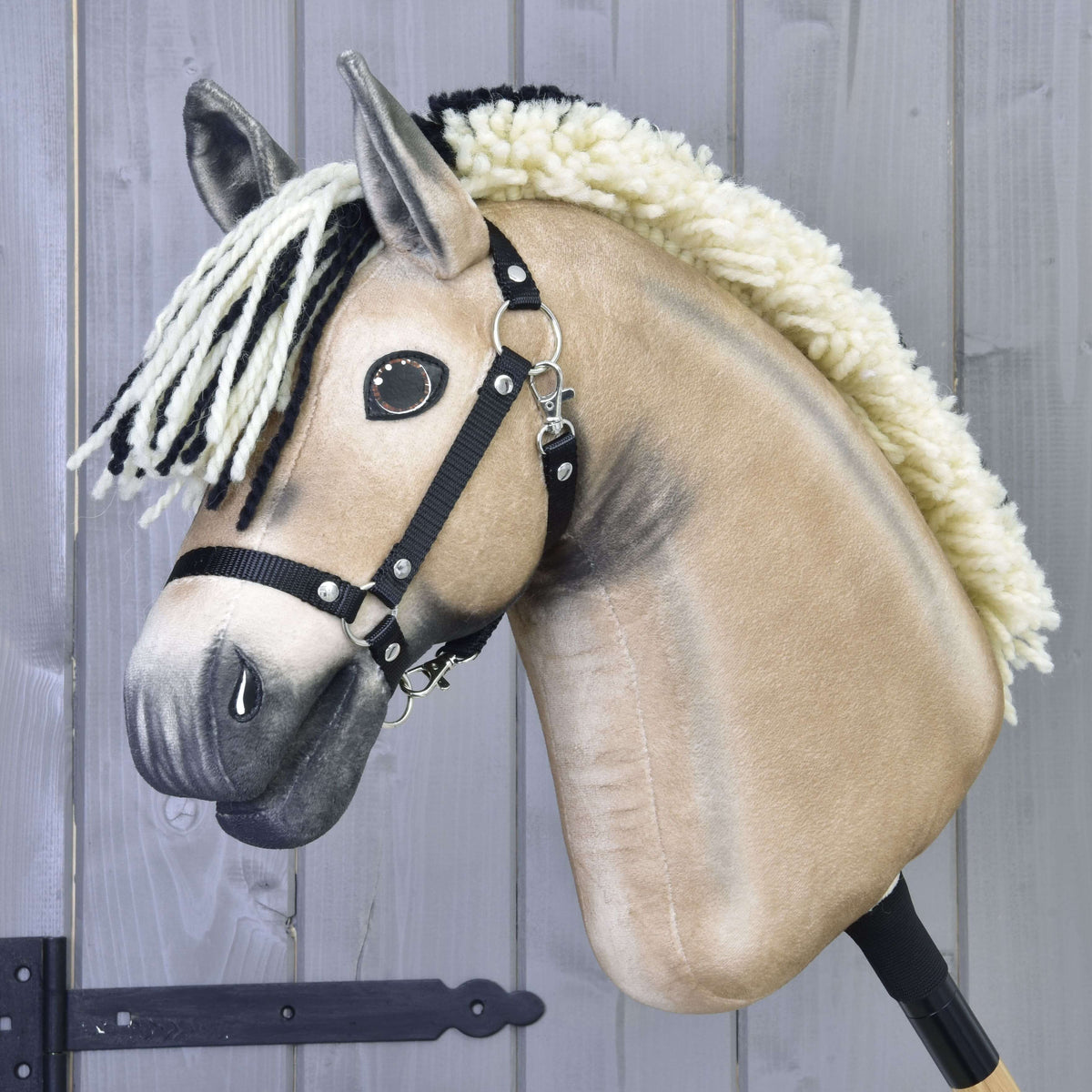 Hobby Horse Ozzy with Black Halter by LarDen, a dun plush head with a short cream mane edged in black and a dark muzzle