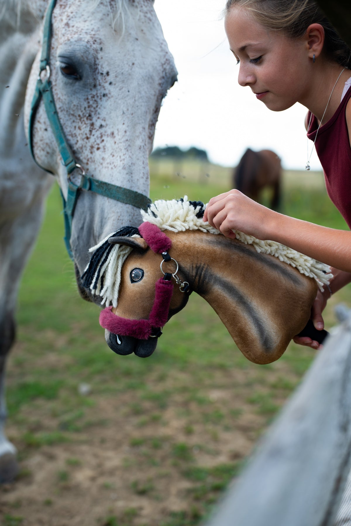 Een echt grijs paard snuffelt aan Hobby Horse Ozzy met bordeauxrode halster met bont, vastgehouden door een meisje in bordeauxrood topje