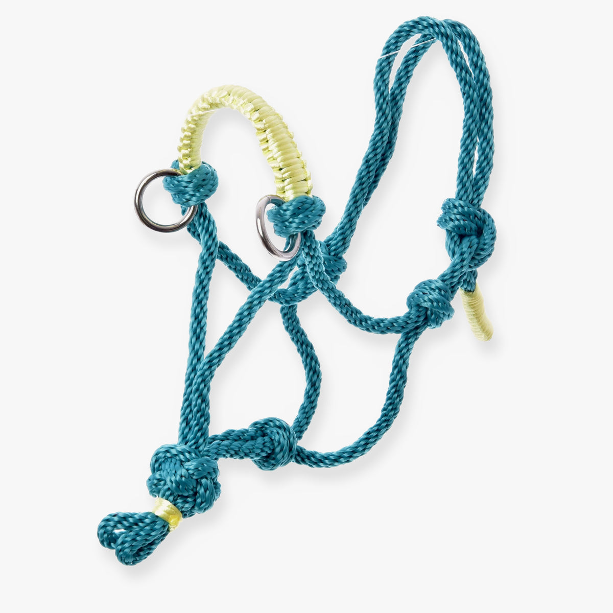 Touwhalster Turquoise van LarDen voor Hobby Horse van turquoise touw met lichtgeel gevlochten neusriem en zilveren ringen