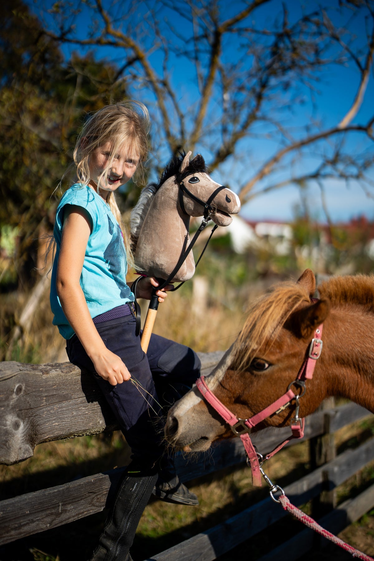Lachend blond meisje op een houten hek met een beige Hobby Horse met zwart hoofdstel, naast een voskleurige pony met roze halster