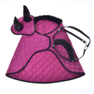 Hobby Horse Set Pink Beauty (ear bonnet + blanket + halter with fur) by LarDen in pink quilted fabric with black fur