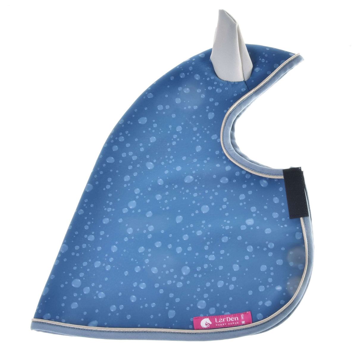 Blauwe softshell regenjas Dolly plat neergelegd, met waterdruppelprint, grijs oor, zwarte band en roze LarDen-label