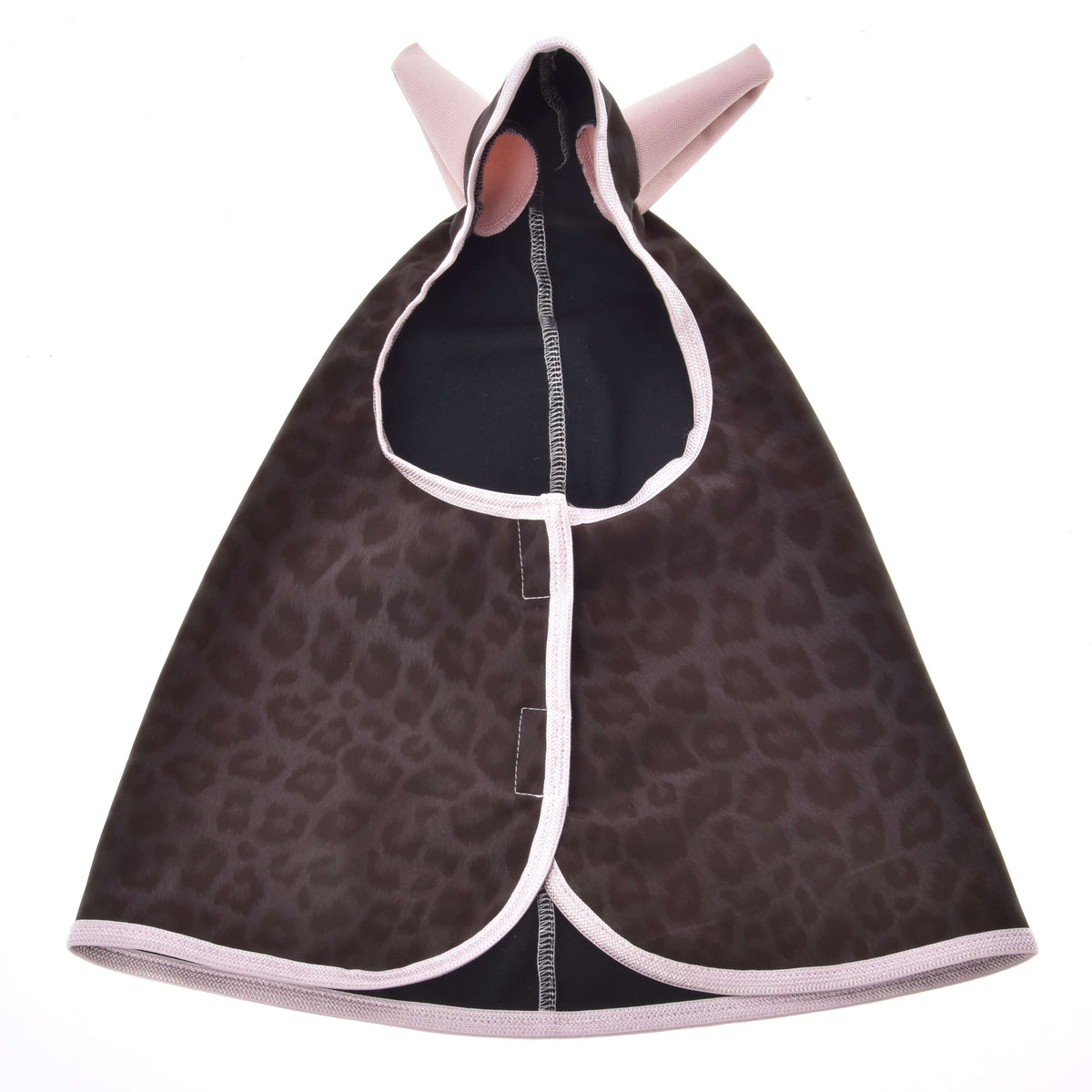 Front view of the leopard raincoat opened out, showing the black lining, the hood with pink ears and the front tabs