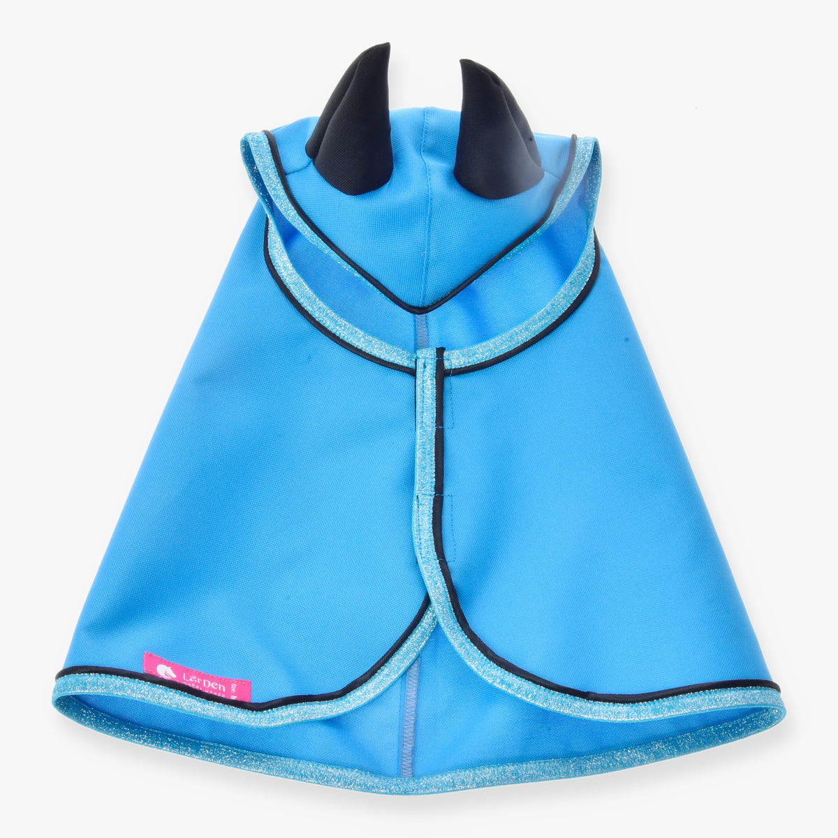 Hobby Horse Raincoat Sky Blue by LarDen from above, bright sky blue with black ears and glittery light blue binding