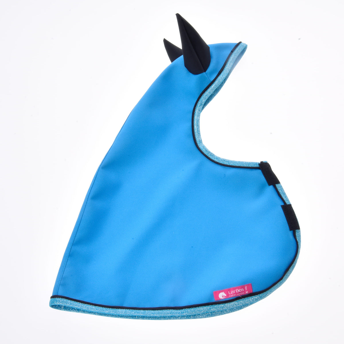 Raincoat laid flat in bright sky blue with black ears, glittery trim, Velcro chest straps and a pink LarDen label