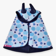 Hobby Horse Raincoat Bubbles by LarDen from above, light blue and navy dots on white with navy ears, binding and lining