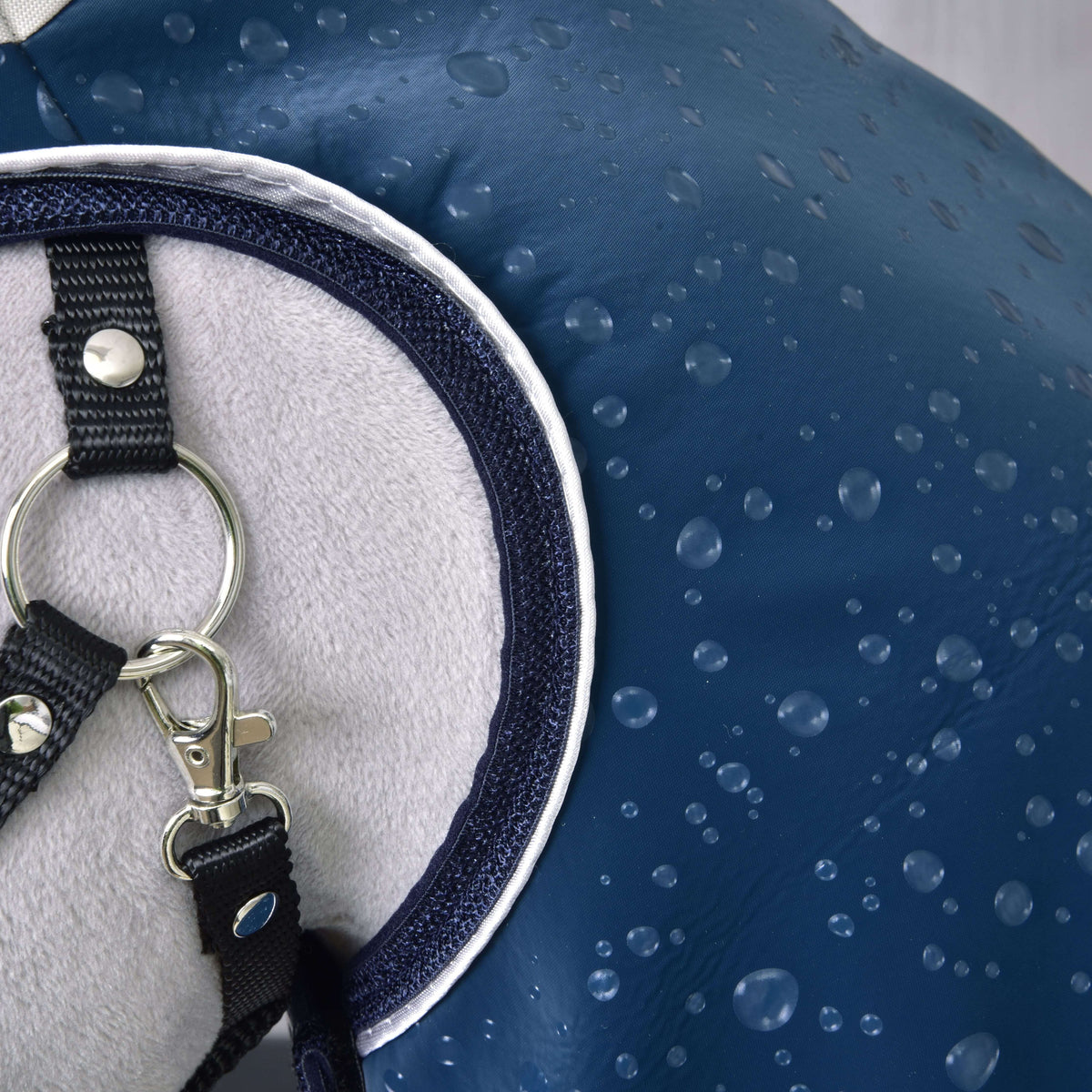 Close-up of the Hobby Horse Raincoat Derby droplet print and navy edging next to a silver halter clip