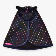 Hobby Horse regenjas Sparkling Queen van LarDen opengevouwen van bovenaf, regenboogkleurige folieruitjes op zwart met zwarte voering