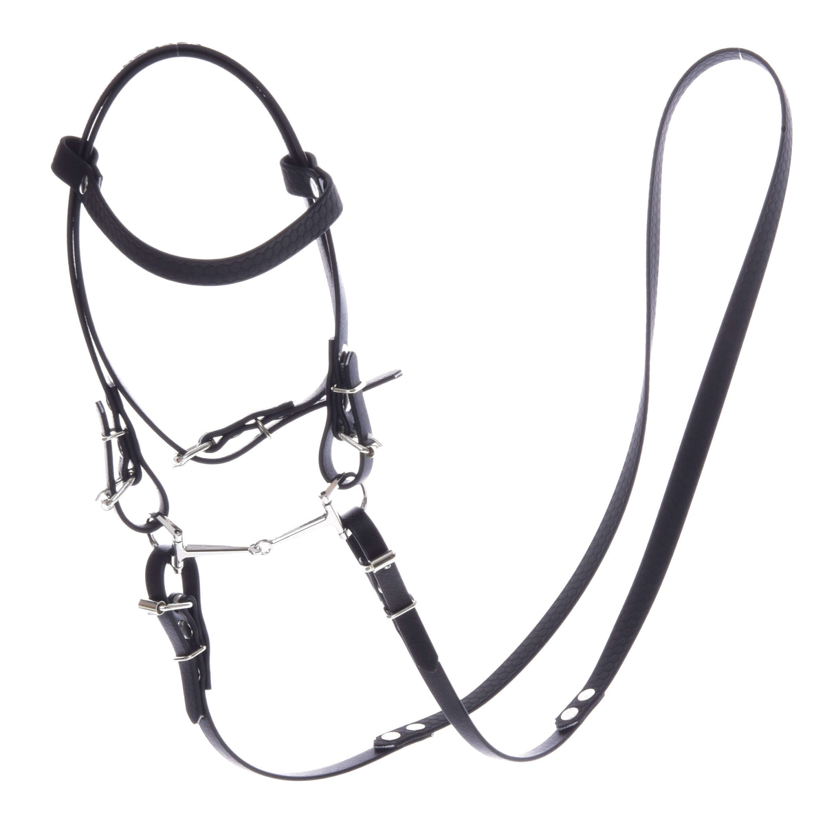 Hobby Horse bride complète sans muserolle Pure Black de LarDen en similicuir noir avec mors brisé et longues rênes