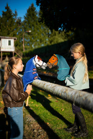 Deux filles à une barrière en bois avec des Hobby Horses en couvertures matelassées avec couvre-cou, Pippa en bleu canard à droite