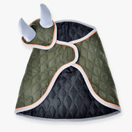 Hobby Horse Set Moos by LarDen: olive green quilted blanket and ear bonnet with grey binding, orange piping and grey ears