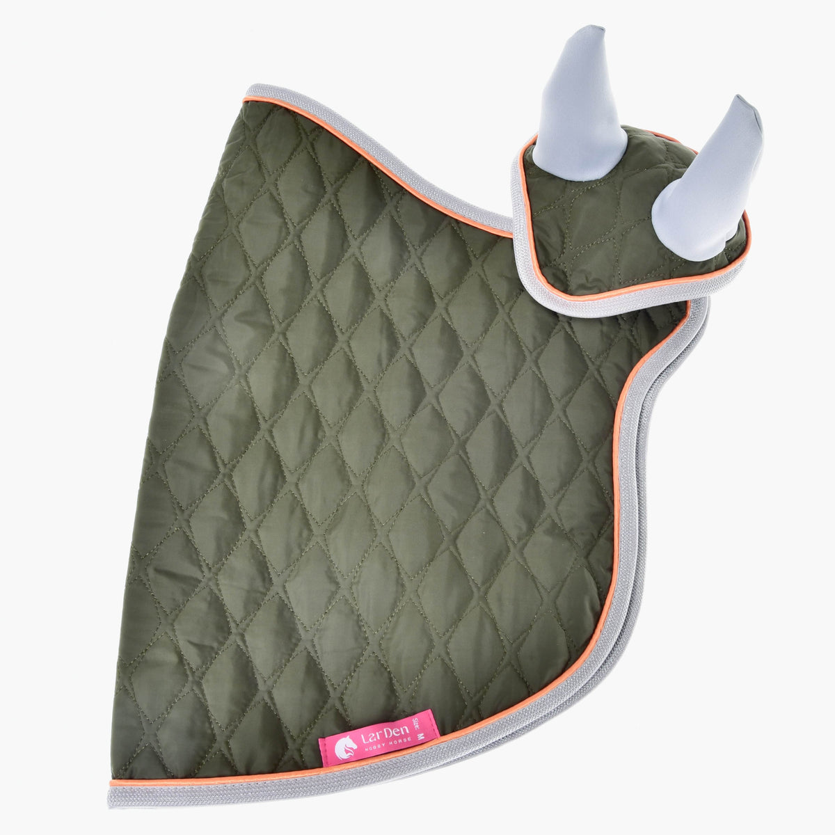 Set Moos laid flat, a diamond-quilted olive blanket with the ear bonnet on top and a pink LarDen label