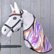 Grey Hobby Horse in a black halter wearing the holographic swirl ear bonnet with cream ears and the matching blanket