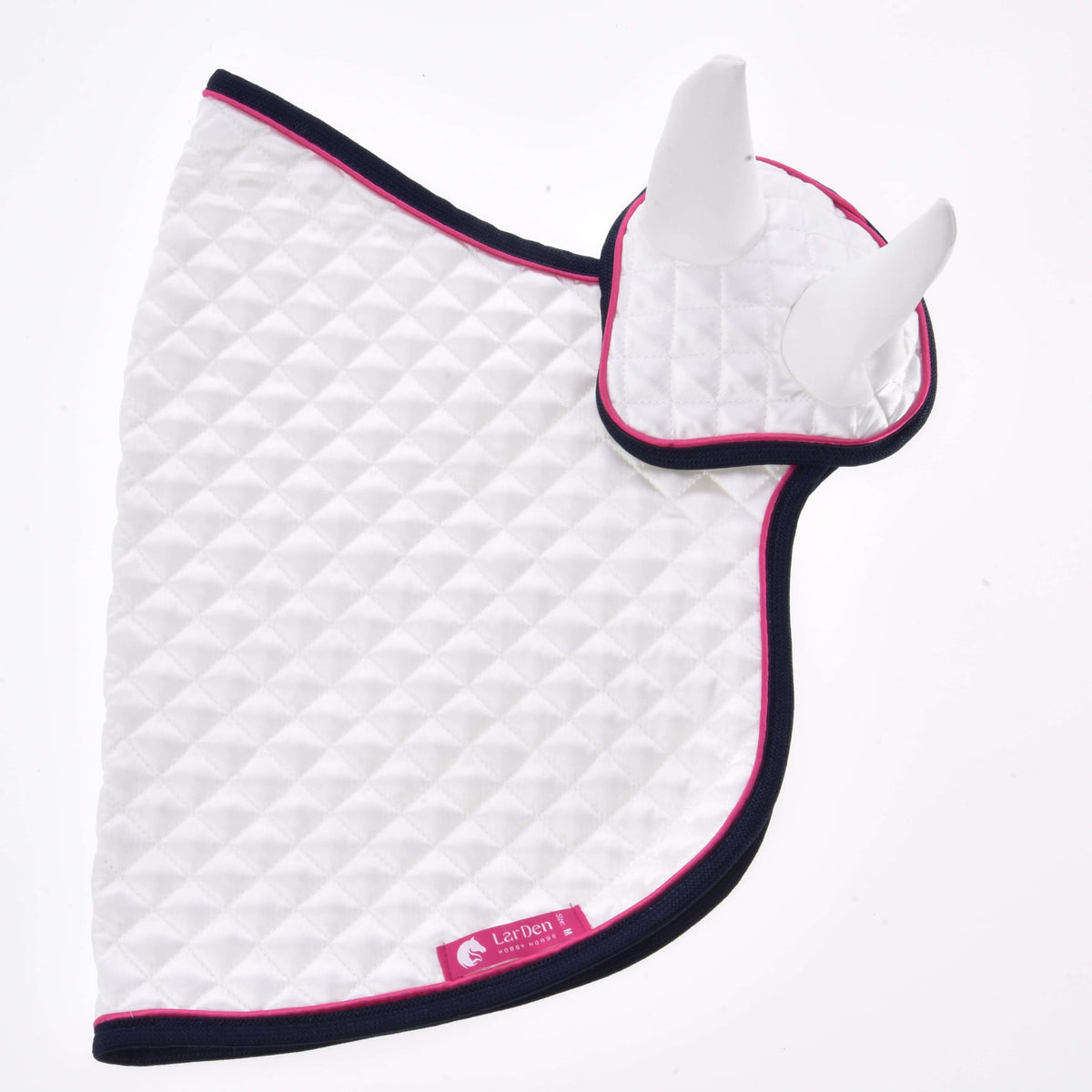 Hobby Horse Set Beautiful Star by LarDen: white quilted blanket and ear bonnet with navy binding and pink piping