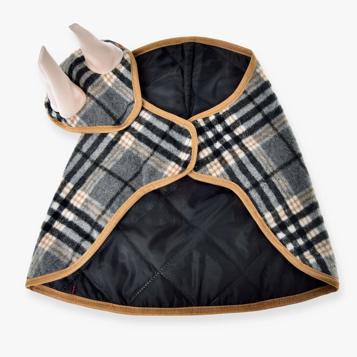 Hobby Horse Set England Grey van LarDen: grijze geruite deken met zwarte gewatteerde voering, camel rand en bijpassend oornetje
